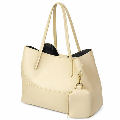 Women's Large Cream Tote Bag with Mini Pouch - Leather Shoulder Handbag for Daily & Office Use