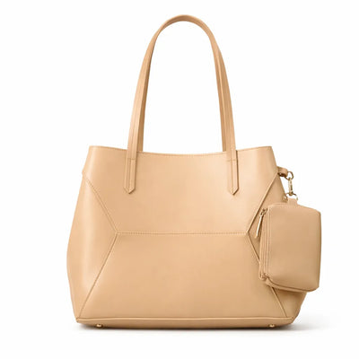 Women's Large Beige Tote Bag with Mini Pouch - Leather Shoulder Handbag for Office & Daily Use