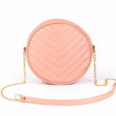 Women's Pink Round Quilted Crossbody Bag - Circle Shoulder Bag with Gold Chain